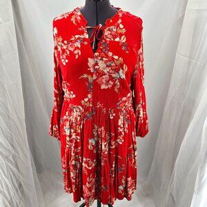 725-11 NWT Torrid Red Coral Floral Crinkle Gauze Knee-length Dress Sz 1 14/16
